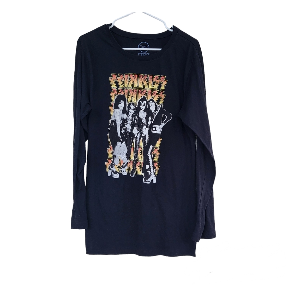 KISS Band Black Tee Shirt KISS Graphic Sz. L Long Sleeve Long Length Roc…
